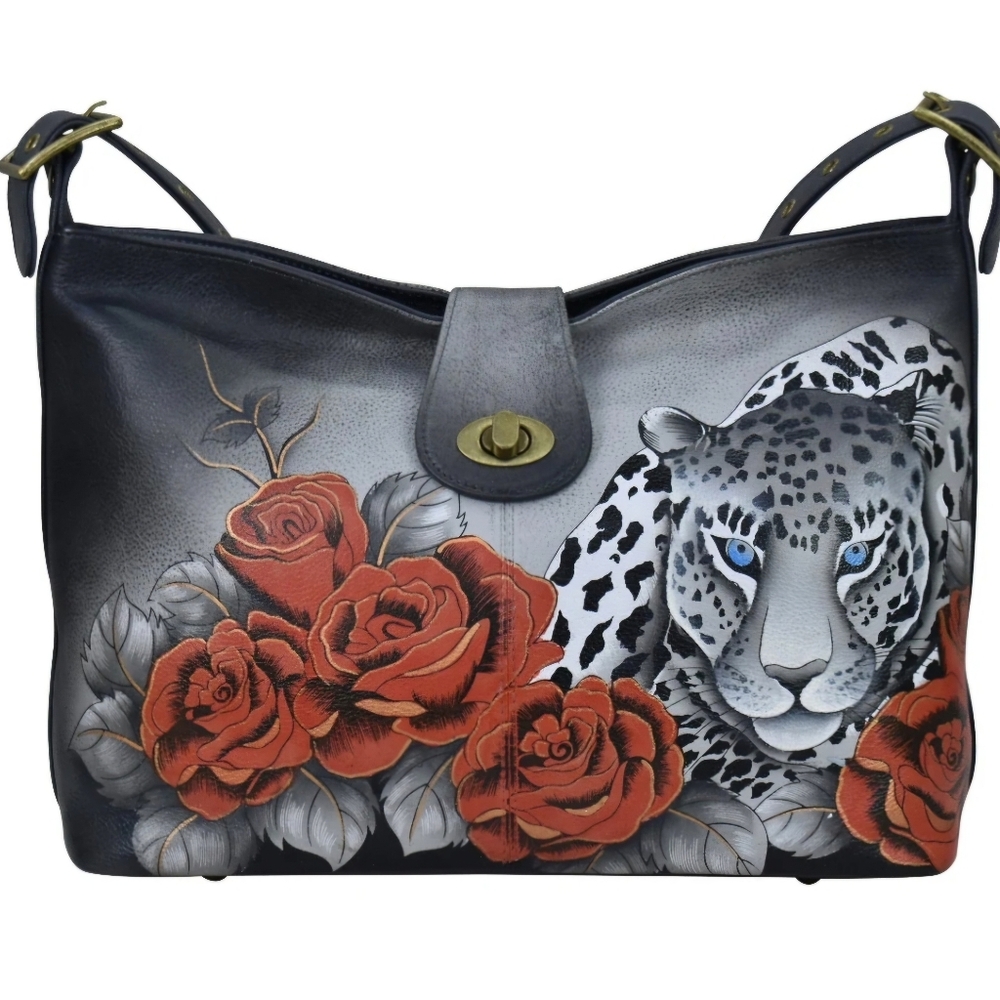 ANUSCHKA Snow Leopard and Roses Studded Handpainted Leather Hobo Bag
